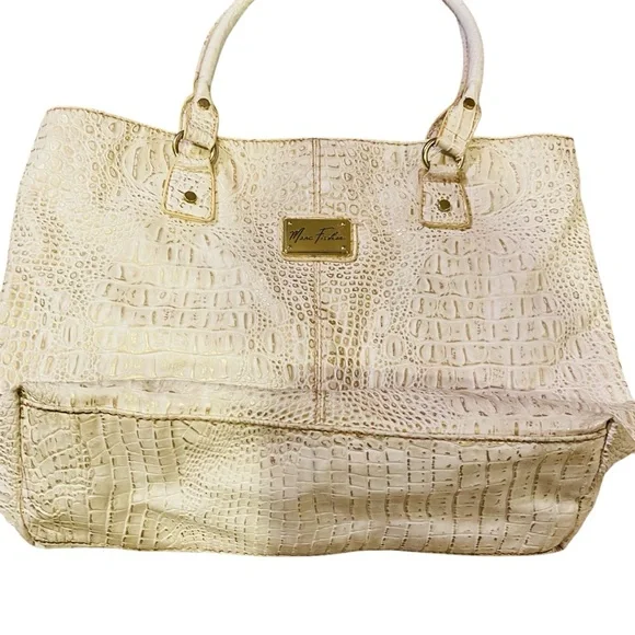 ⭐️ Marc Fisher East West Large Business Tote Shoulder Bag White Gold Moc Croc - Picture 3 of 7